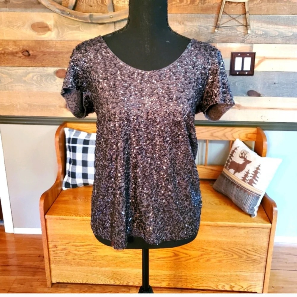 J Crew Black Sequin Short Sleeve Blouse